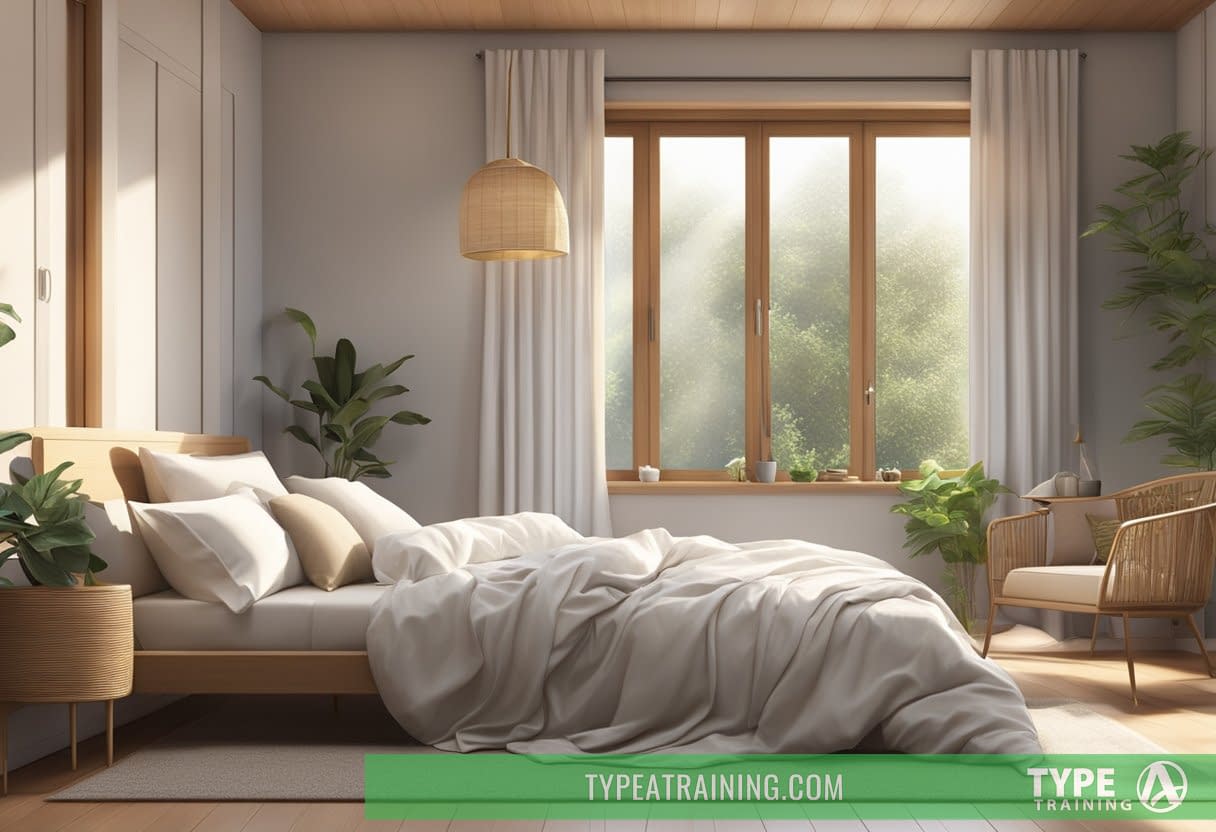 A serene bedroom with a neatly made bed adorned with cooling sheets, surrounded by a gentle breeze from an open window