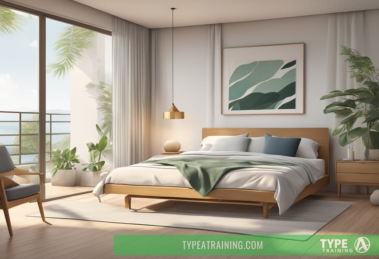 A serene bedroom with a neatly made bed adorned with cooling sheets made of bamboo, eucalyptus, or Tencel fabric. A fan or open window suggests a cool sleeping environment