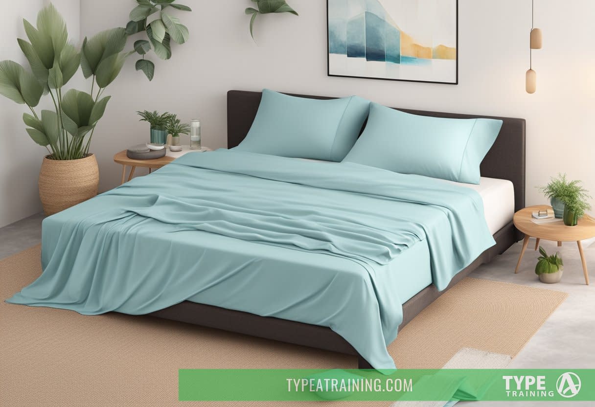 A bed with Cozy Earth Bamboo Sheet Set, surrounded by cool, refreshing elements like a fan and a glass of ice water