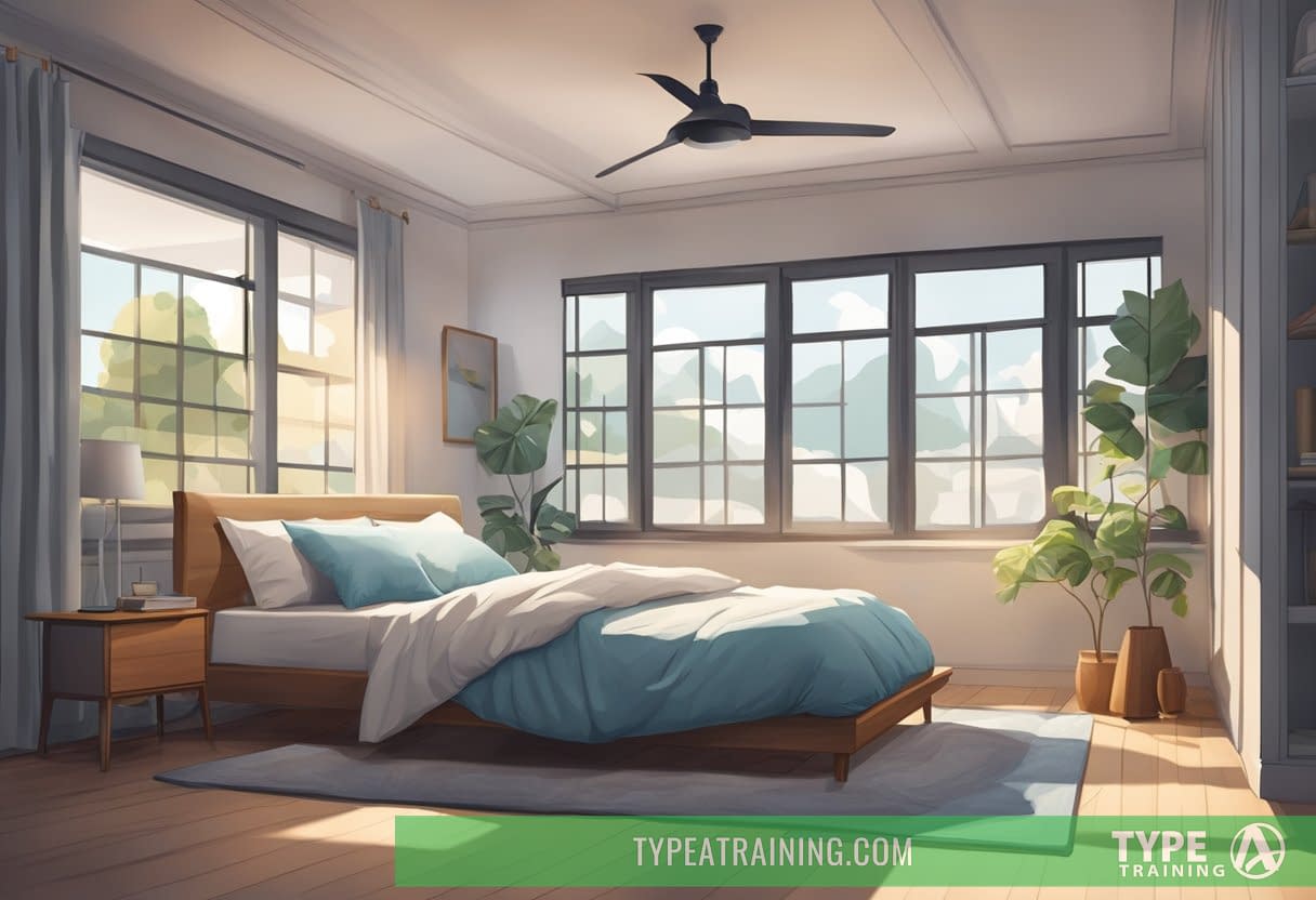 A serene bedroom with a neatly made bed adorned with Bedsure Cooling Sheets, surrounded by a fan and open windows to convey a cool and comfortable sleeping environment