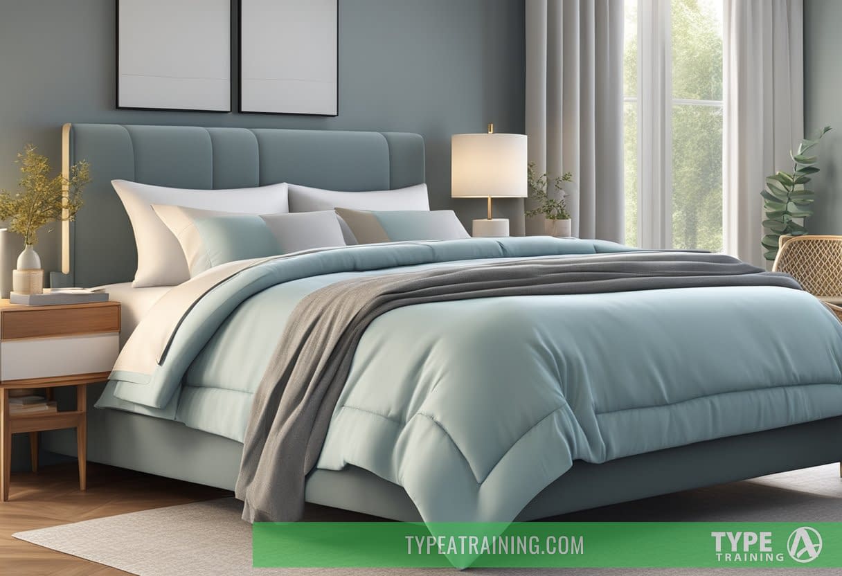 A serene bedroom with a modern cooling mattress and luxurious cooling sheets neatly arranged on the bed