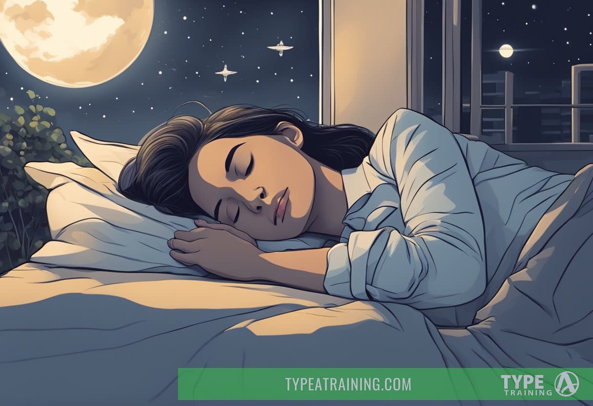 A person sleeping peacefully with their mouth open, surrounded by a calm and quiet nighttime atmosphere