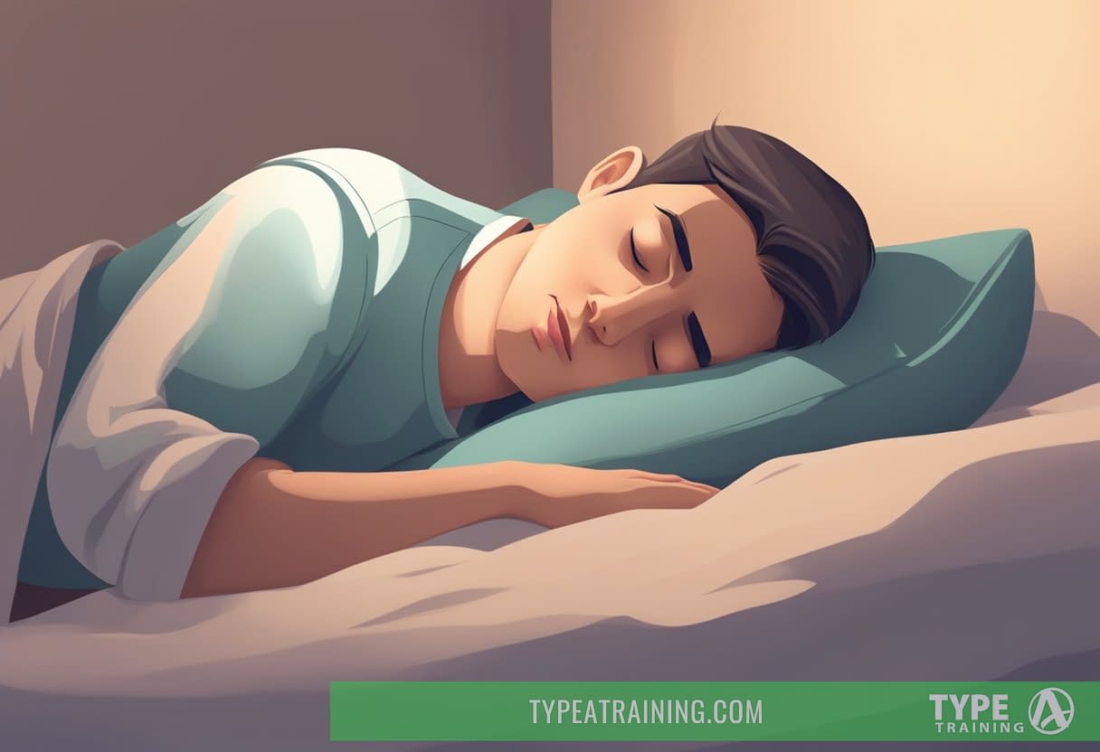 A person sleeping peacefully, with a serene expression, breathing through their mouth. The scene is calm and tranquil, with soft lighting and a cozy atmosphere