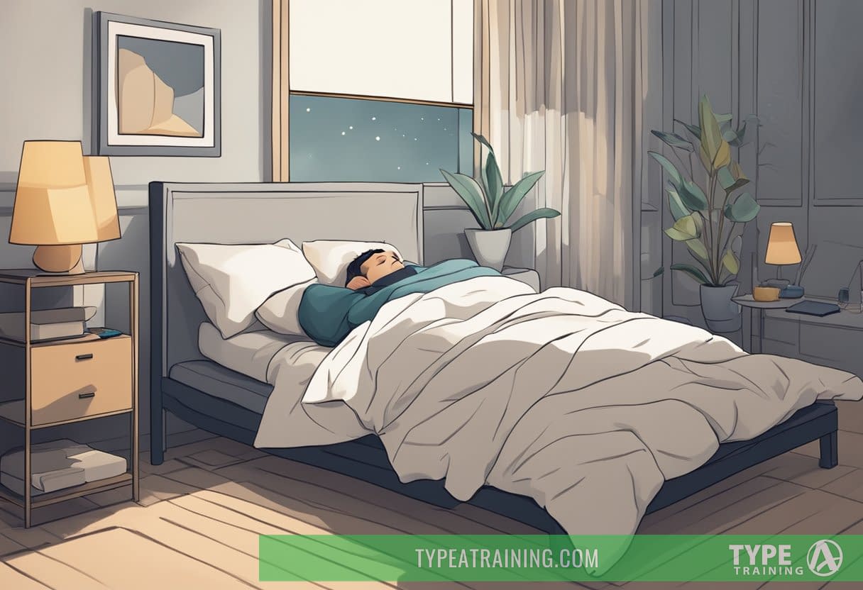 A person sleeping peacefully with their mouth slightly open, surrounded by pillows and a dimly lit room