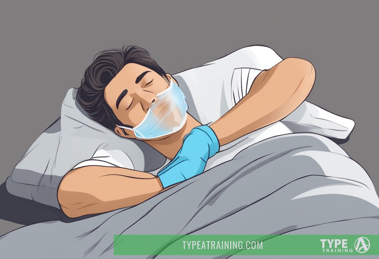A person sleeping peacefully with their mouth closed, while using a nasal strip or special mouth guard to prevent mouth breathing