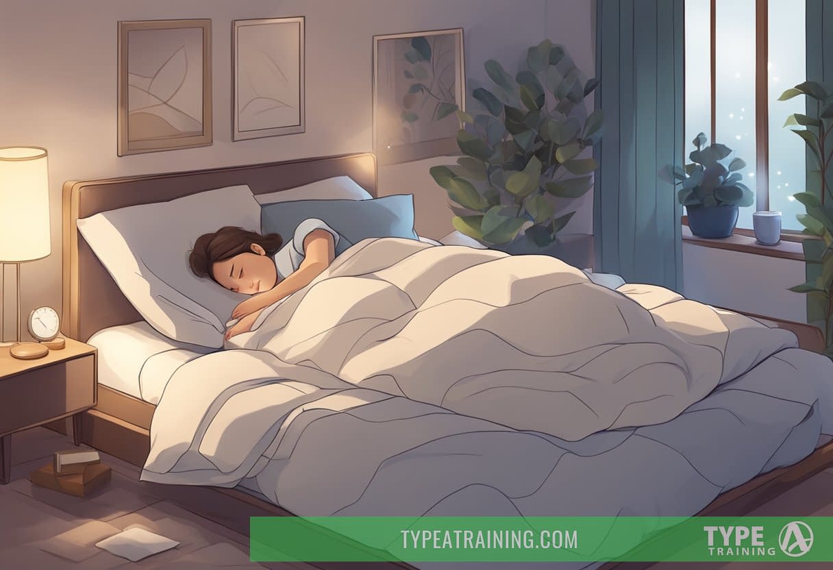 A person sleeping peacefully with their mouth closed, surrounded by calming elements like a cozy bed, soft pillows, and dim lighting