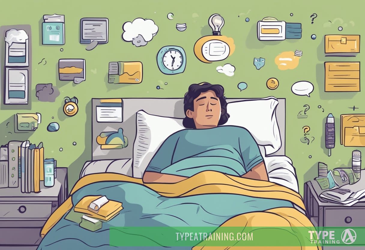 A person lying in bed with their mouth open, surrounded by various sleep aids and a thought bubble of questions about mouth breathing