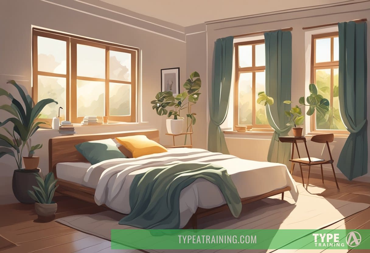 A cozy bedroom with a sunlit window, a comfortable bed, and a peaceful atmosphere, with a variety of napping positions and styles depicted