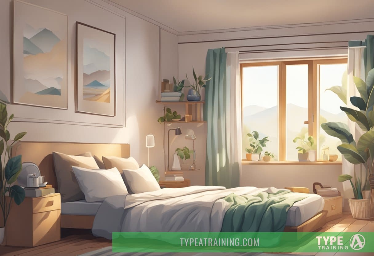 A cozy bedroom with natural light streaming in, featuring a comfortable bed with various pillows and blankets arranged in different napping styles