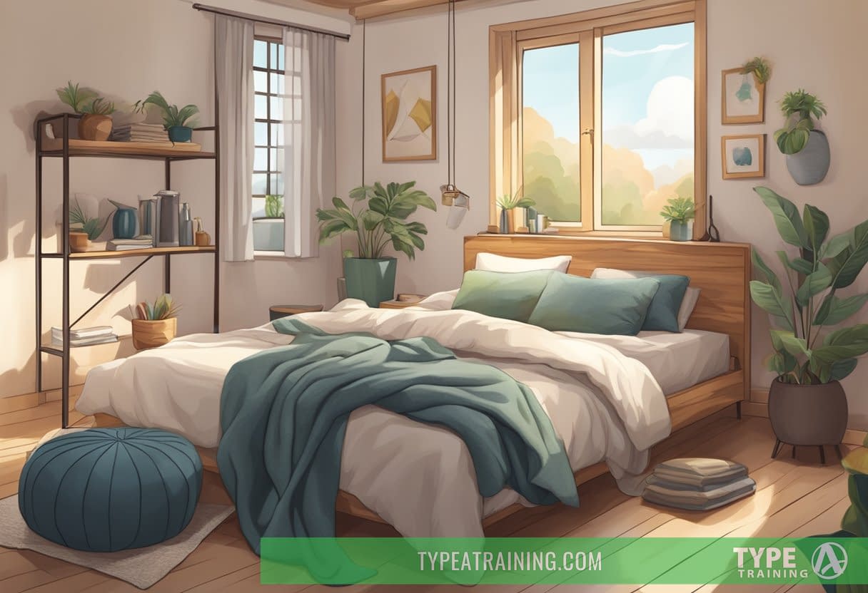 A cozy bedroom with a variety of napping setups, including a hammock, recliner, and cozy bed, surrounded by soft pillows and blankets