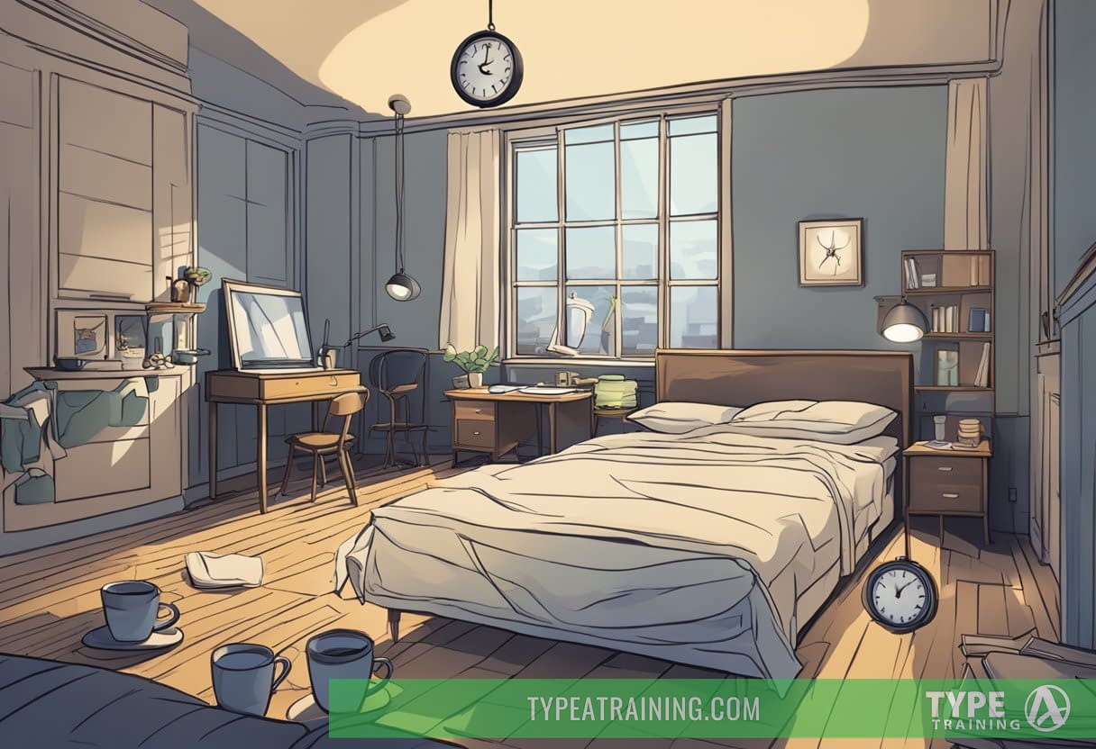 A dimly lit room with a clock showing late hours, empty coffee cups, and a disheveled bed