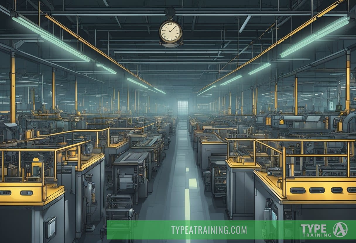 A dimly lit factory floor with rows of machines humming in the background, while a clock on the wall shows the time in the middle of the night
