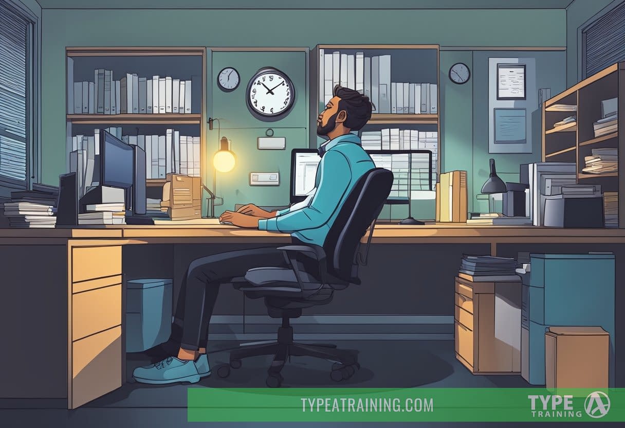 A night shift worker struggles to stay awake, surrounded by a dark and quiet office space. The clock on the wall reads 3 AM