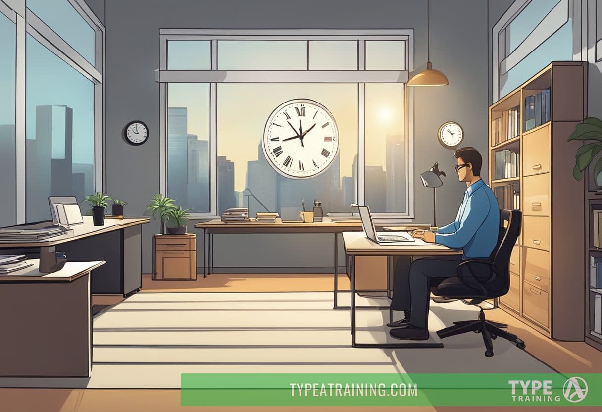 A dimly lit office with a clock showing late hours, a tired figure at a desk, and a bright window hinting at daytime outside