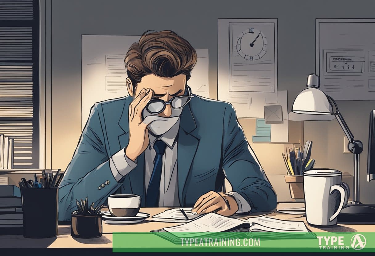 A dimly lit office with a clock showing late hours, a tired worker rubbing their eyes, and a cup of coffee on the desk