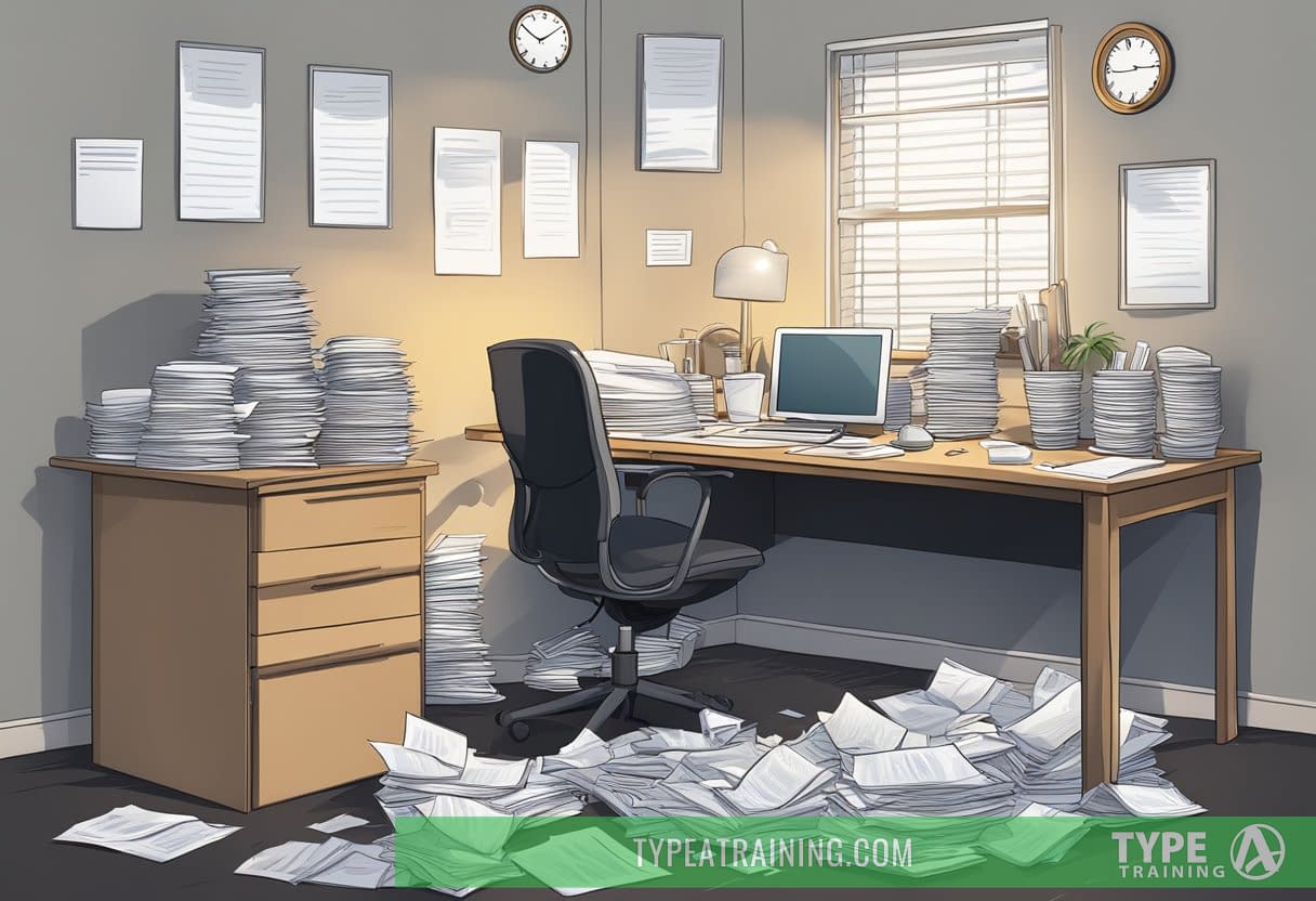A disheveled office desk with scattered papers and a computer screen showing a clock reading late hours, surrounded by empty coffee cups and a weary-looking office chair