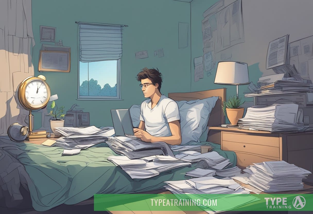 A disheveled bedroom with a clock showing 3am, scattered papers, and a person staring blankly at a computer screen