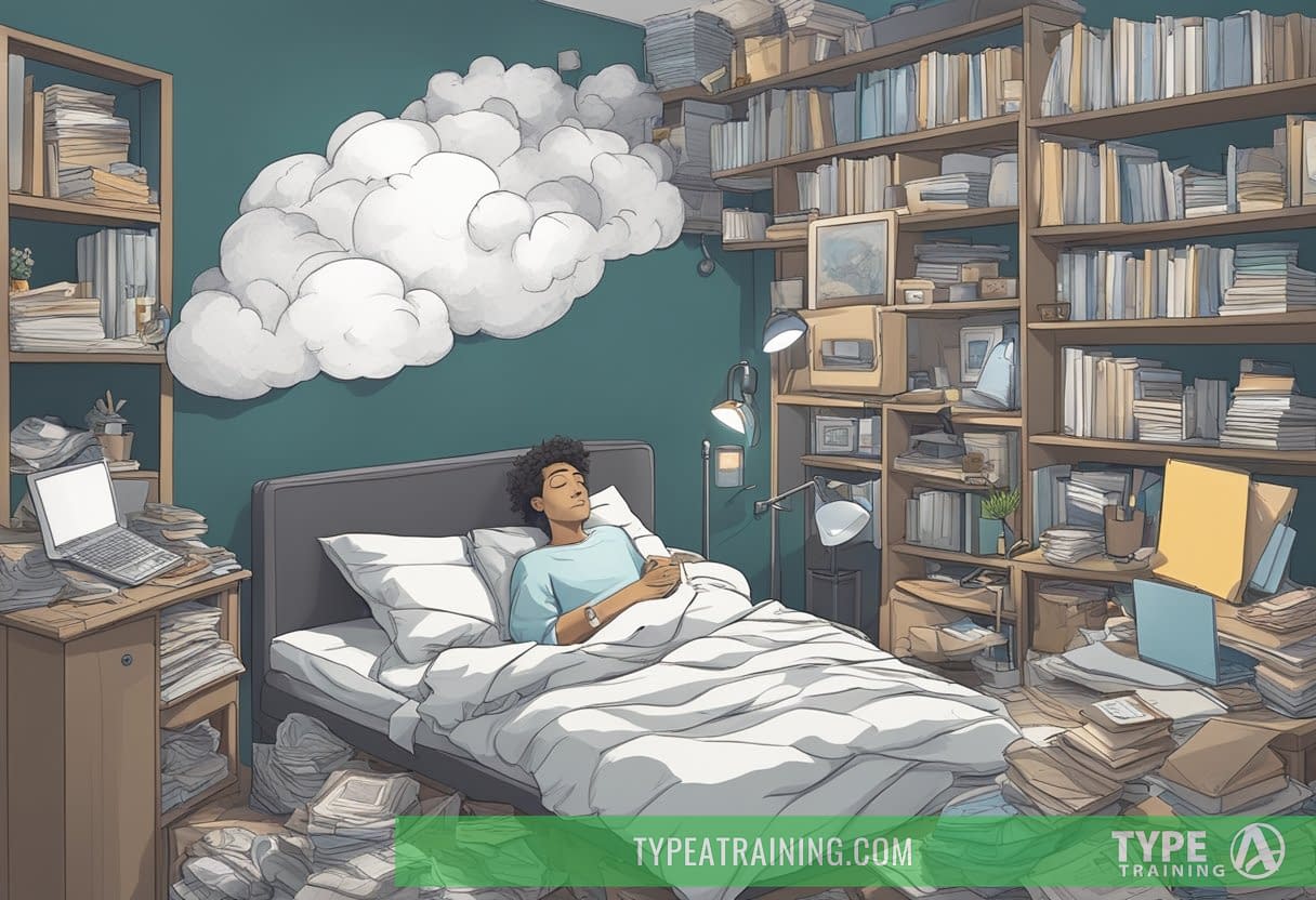 A person lying in bed with tired eyes, surrounded by clutter and unfinished tasks, while a dark cloud looms overhead, representing the mental and physical toll of sleep deprivation