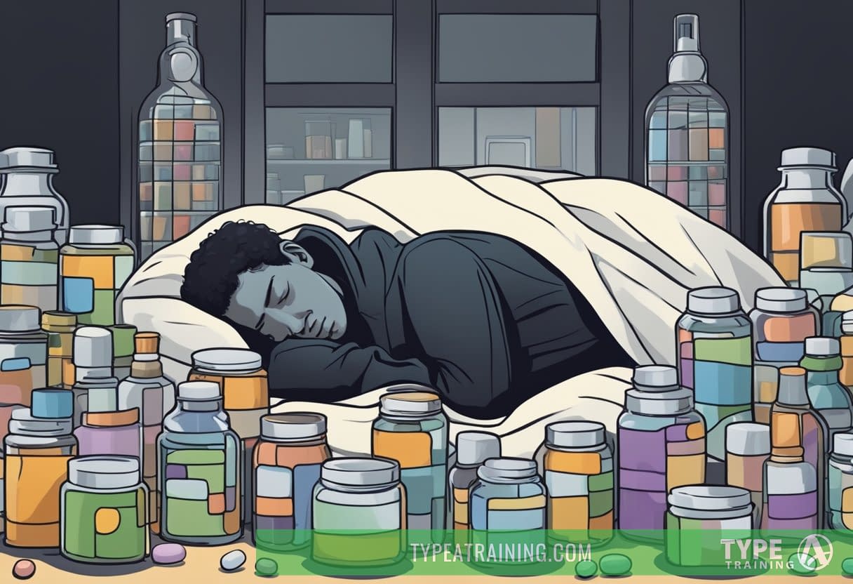 A dark figure sleeps under a heavy blanket, surrounded by empty pill bottles and a sense of overwhelming despair