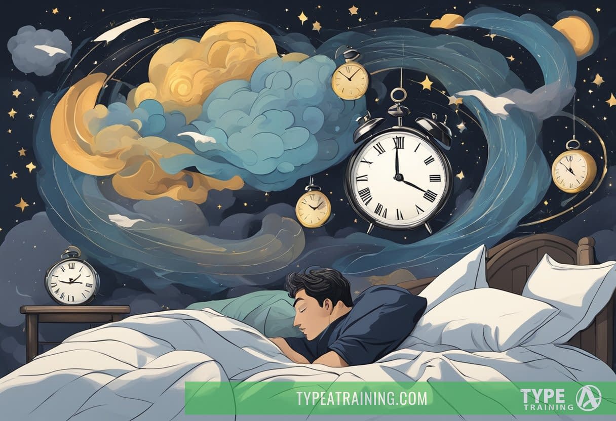 A person lying in bed, surrounded by swirling thoughts and a dark cloud above, while a fragmented clock shows both late night and early morning hours