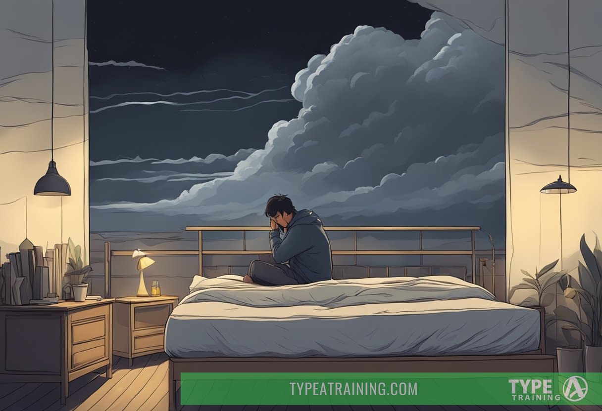 A dark, stormy cloud looming over a bed with a disheveled appearance and a person lying awake with a pained expression
