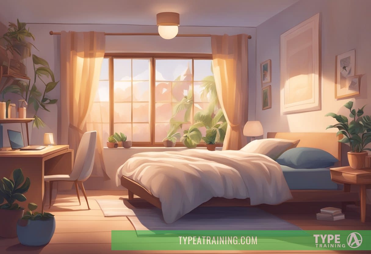 A cozy bedroom with a comfortable bed, soft lighting, and calming decor. A person peacefully sleeping with a serene expression on their face