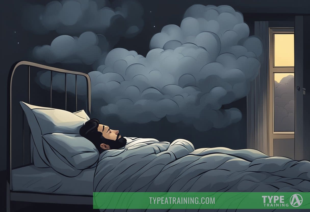 A person lying in bed, surrounded by dark and heavy clouds, with a shadowy figure looming over them, representing the interrelation of sleep and depression
