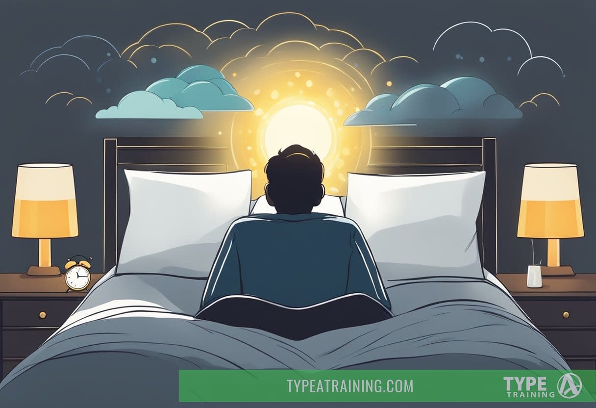 A person lying in bed with a dark cloud hovering over their head, while a bright light symbolizing treatment strategies shines down on them