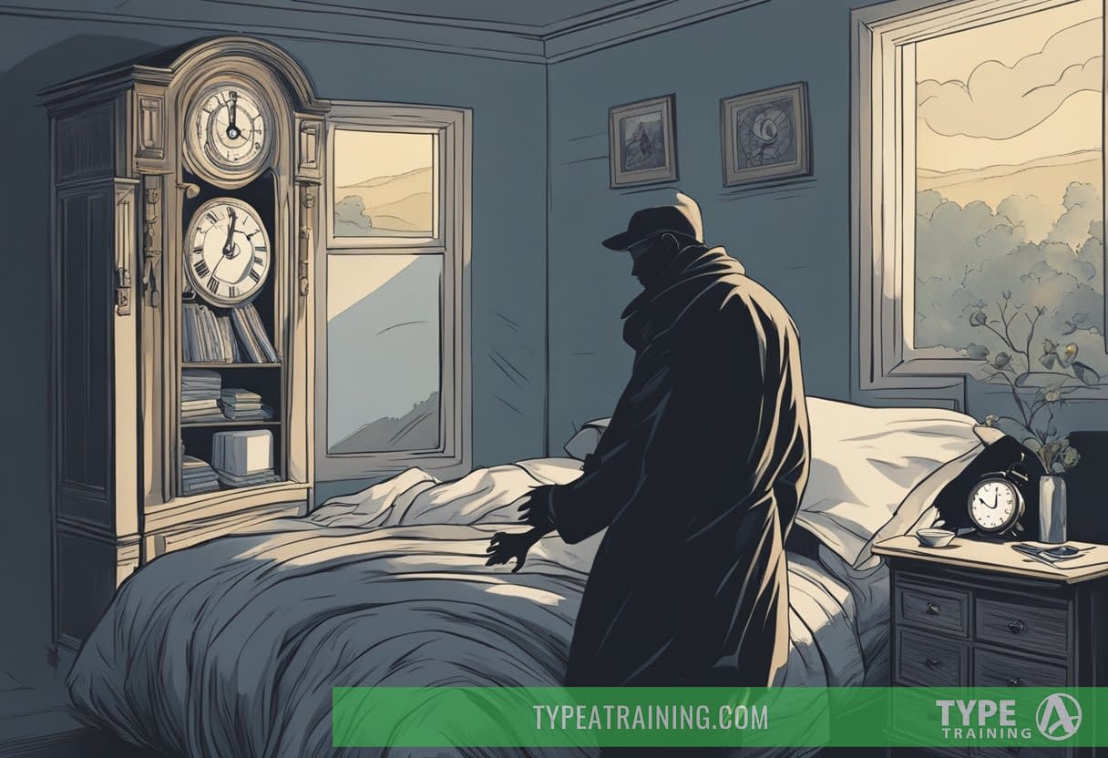 A shadowy figure tosses and turns in bed, surrounded by haunting memories. A clock ticks loudly in the background, emphasizing the struggle to find peace