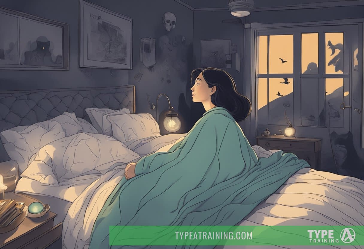 A person lying in bed with eyes wide open, surrounded by shadowy figures and haunting memories