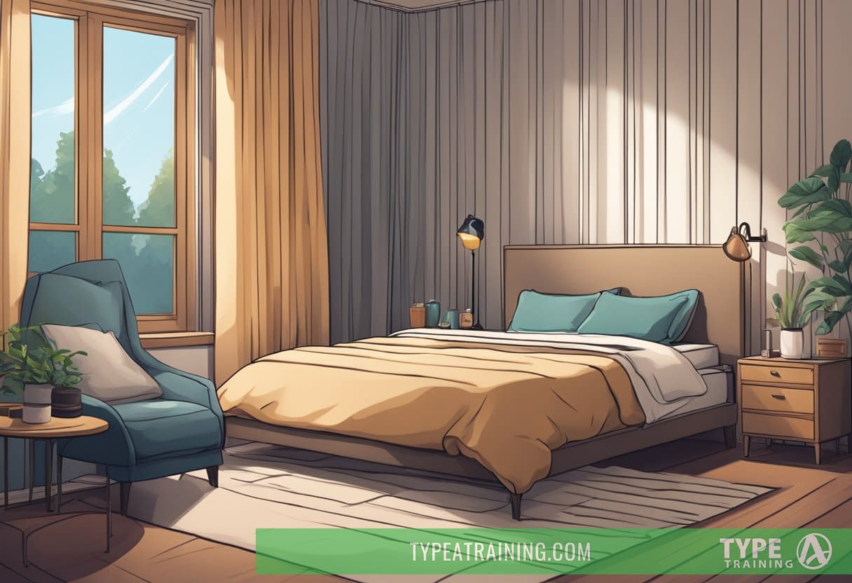 A cozy bedroom with blackout curtains drawn, and a sleep mask resting on a bedside table