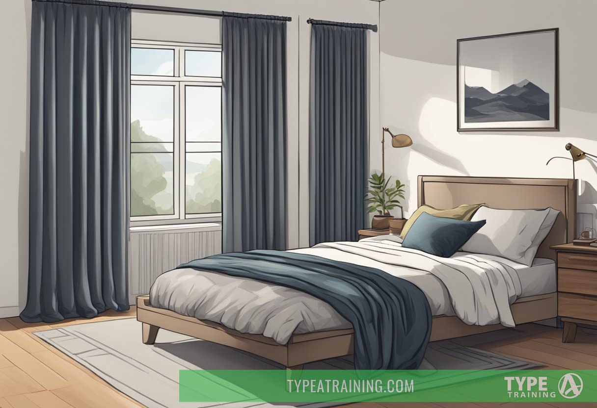 A cozy bedroom with blackout curtains drawn closed, a sleep mask resting on the bedside table