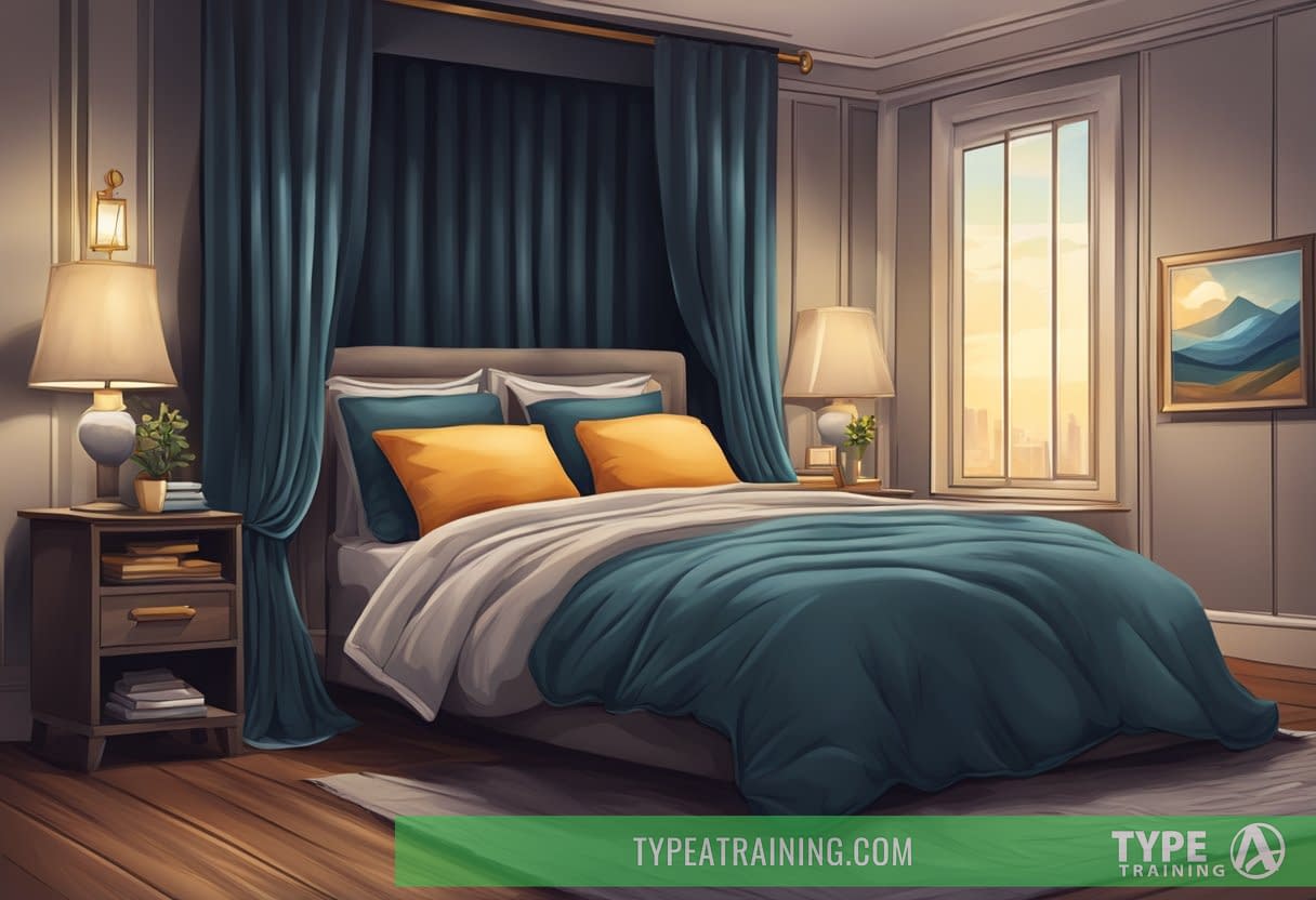 A cozy bedroom with dark blackout curtains drawn closed and a sleep mask resting on a plush pillow