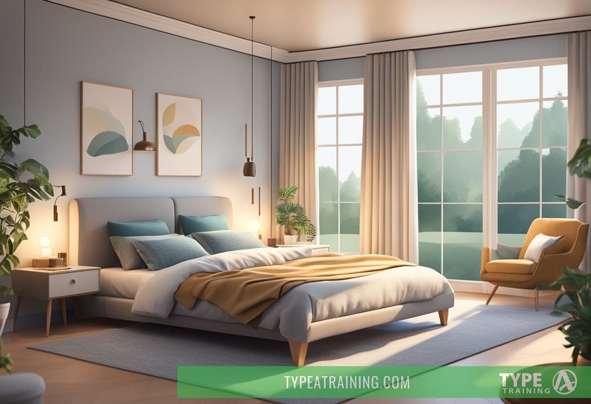 A serene bedroom with balanced furniture, soft lighting, and calming colors to promote relaxation and harmony for better sleep