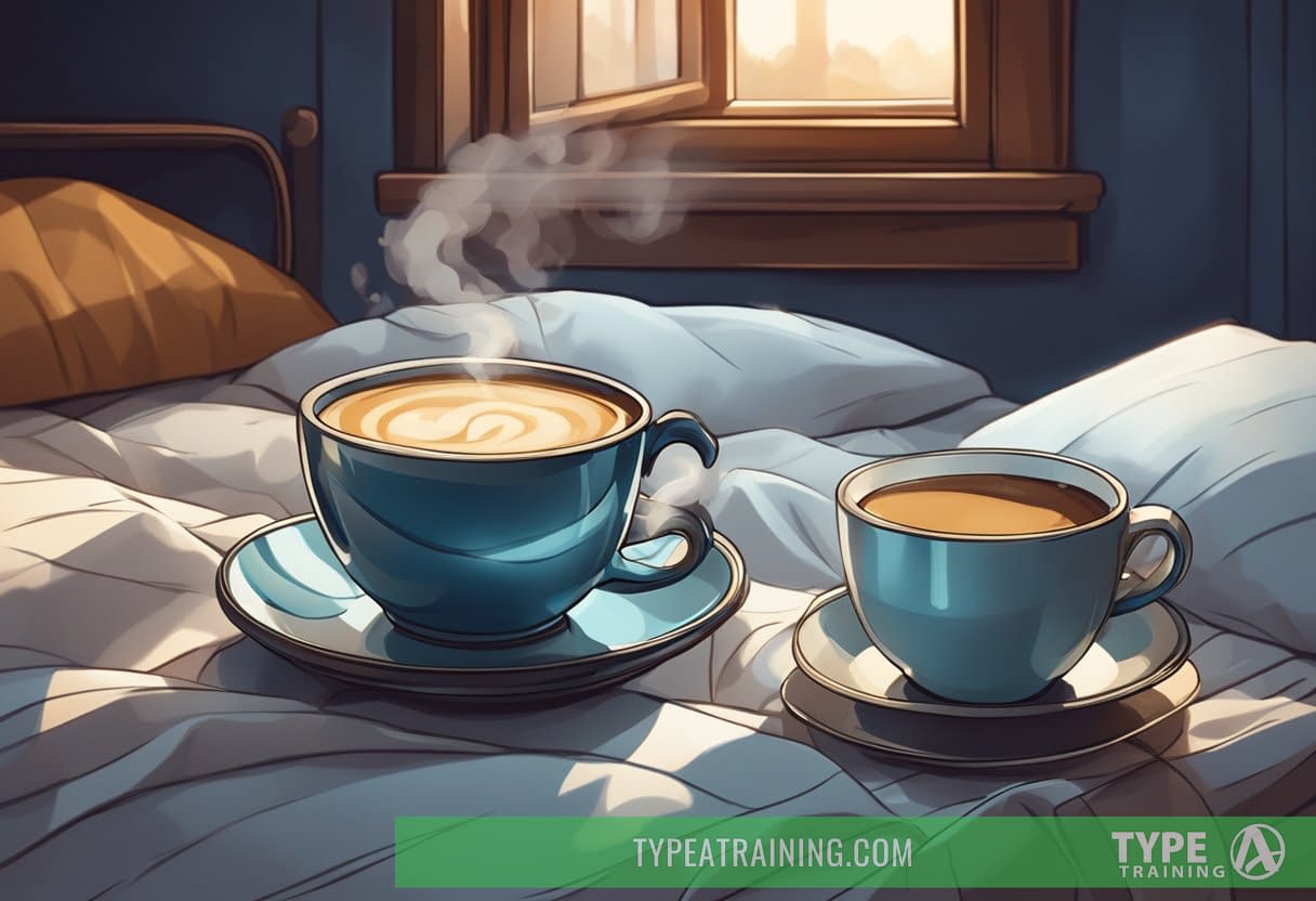 A steaming cup of coffee sits next to a cozy bed with rumpled sheets, as the moonlight filters through the window