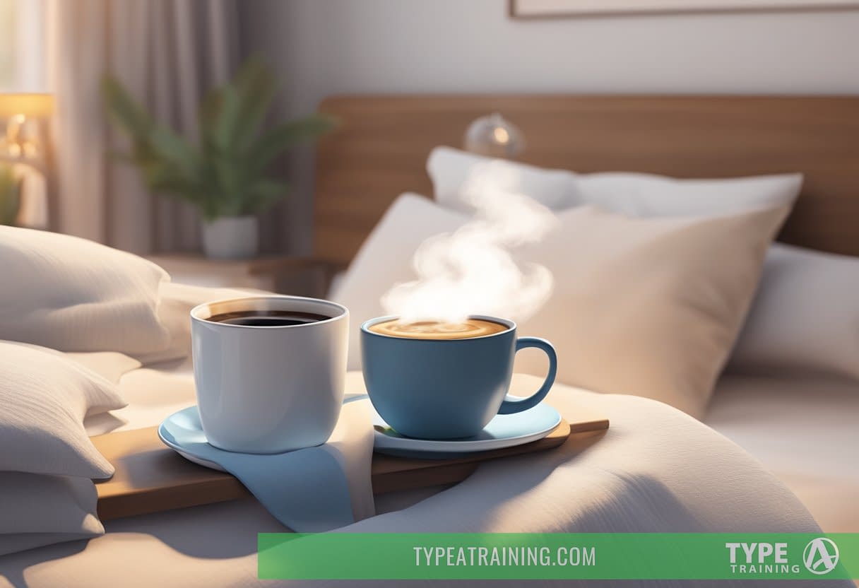 A steaming cup of coffee sits next to a cozy bed with a sleep mask and fluffy pillows