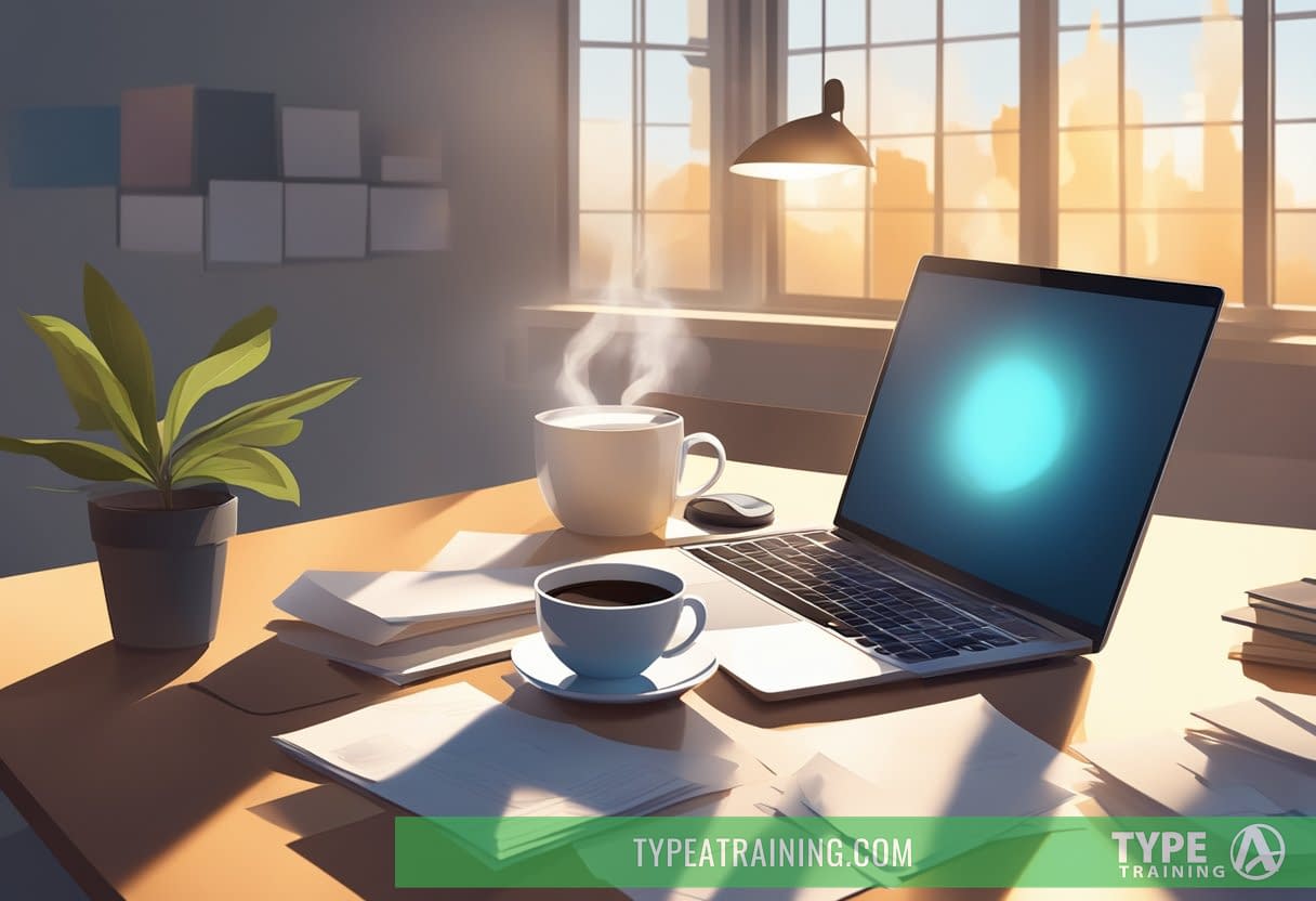 A steaming cup of coffee sits on a desk, surrounded by scattered papers and a glowing computer screen. The sun shines through a window, casting shadows on the workspace