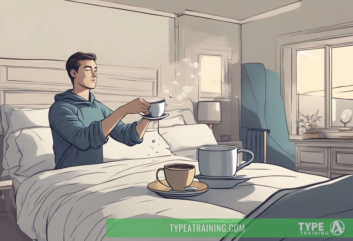 A person pouring out a cup of coffee and then tossing and turning in bed, unable to sleep