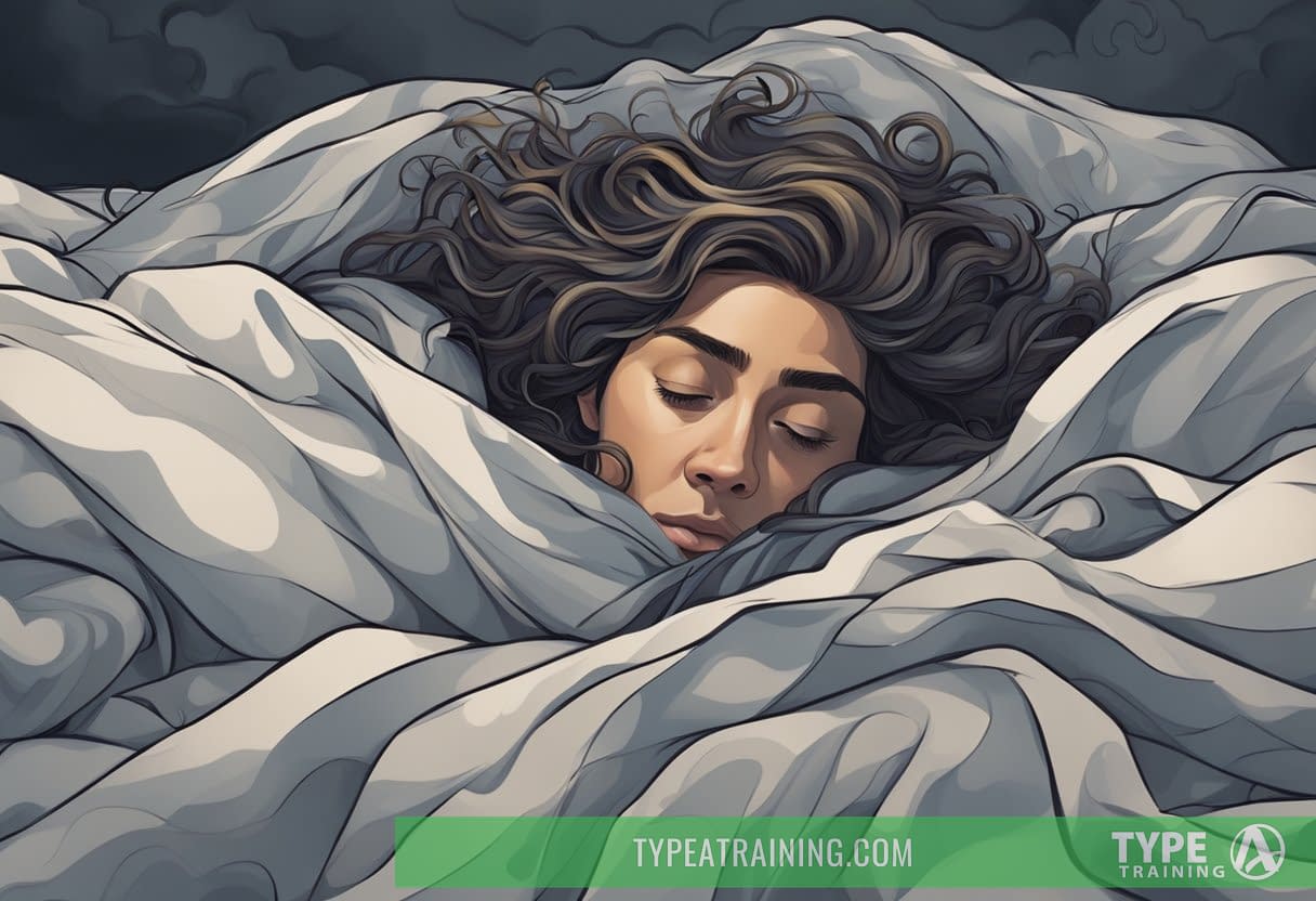 A person lying in bed, surrounded by swirling dark clouds and tangled sheets, their eyes wide open with a look of worry