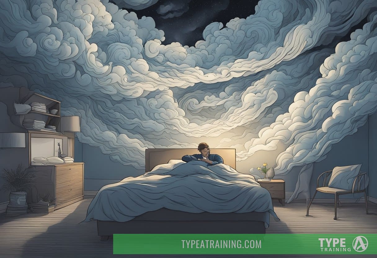 A person tossing and turning in bed, surrounded by swirling, dark clouds symbolizing anxiety and sleep disturbances