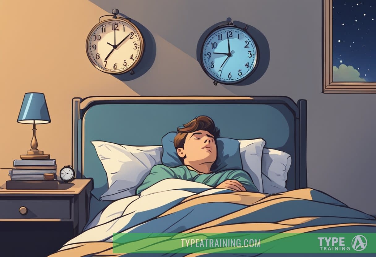 A person lying in bed, staring at the ceiling with a worried expression. A clock on the nightstand shows the time as late at night