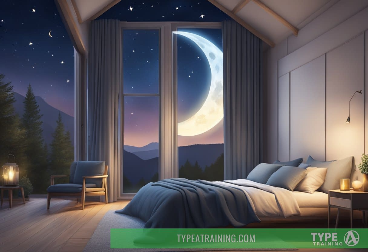 A serene night sky with a crescent moon shining down on a peaceful, starlit landscape. A cozy bed with soft blankets and a calming atmosphere