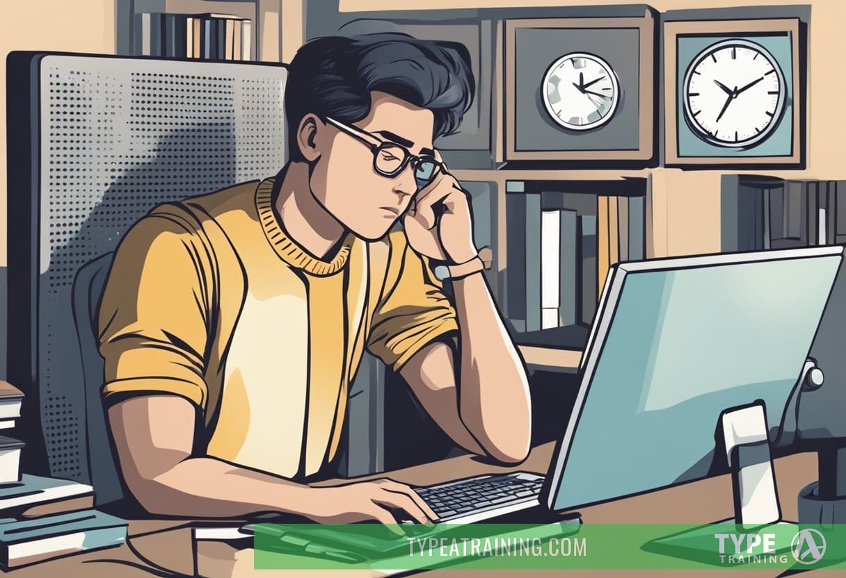 A person sitting in front of a computer or mobile device, with a clock showing late hours, and a tired expression on their face