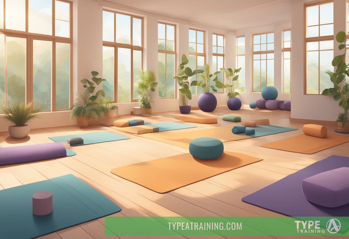 A serene yoga studio with soft lighting, a peaceful atmosphere, and various yoga props such as mats, blocks, and bolsters arranged neatly on the floor