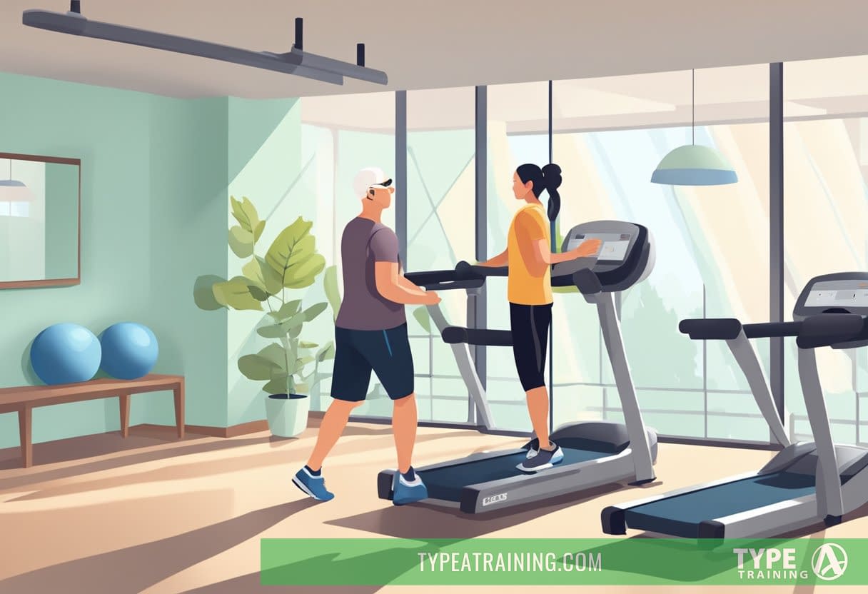 A personal trainer guiding a mesothelioma patient through gentle exercise in a bright, airy gym