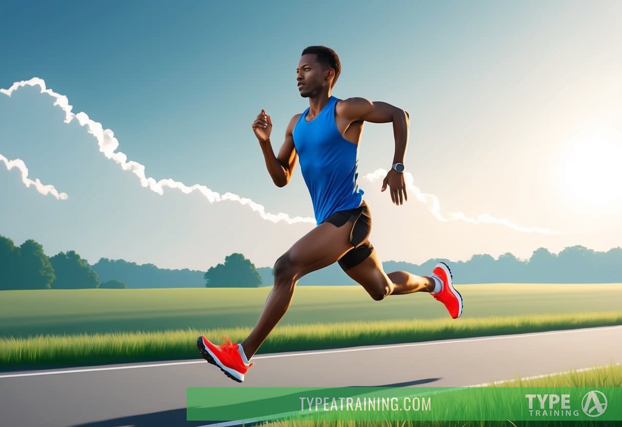 A runner glides effortlessly across a serene landscape, arms pumping in perfect rhythm, feet landing softly on the ground, embodying efficient long distance running technique