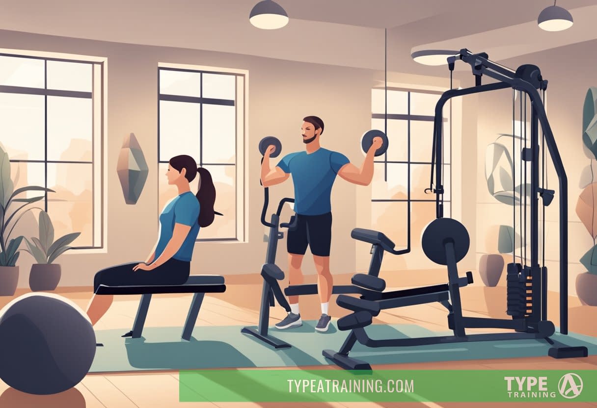 A person performing low-impact exercises with a personal trainer, surrounded by supportive equipment and a calming environment