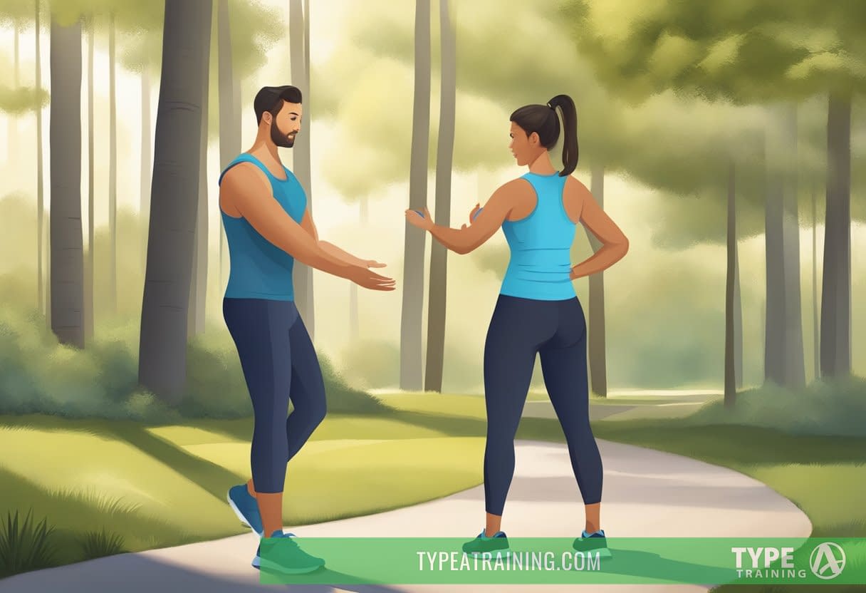 A personal trainer guiding a client through gentle exercises in a peaceful, natural setting
