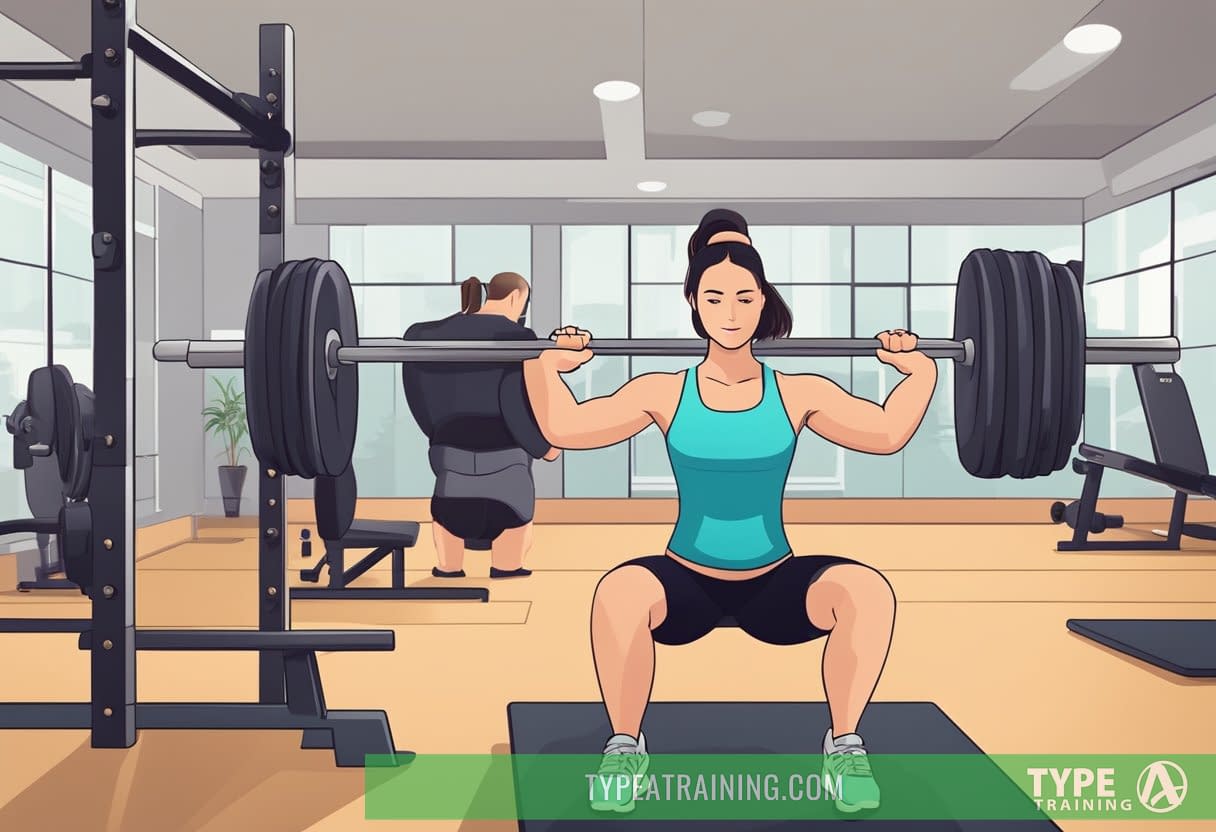 A woman lifting weights in a gym with a trainer guiding her