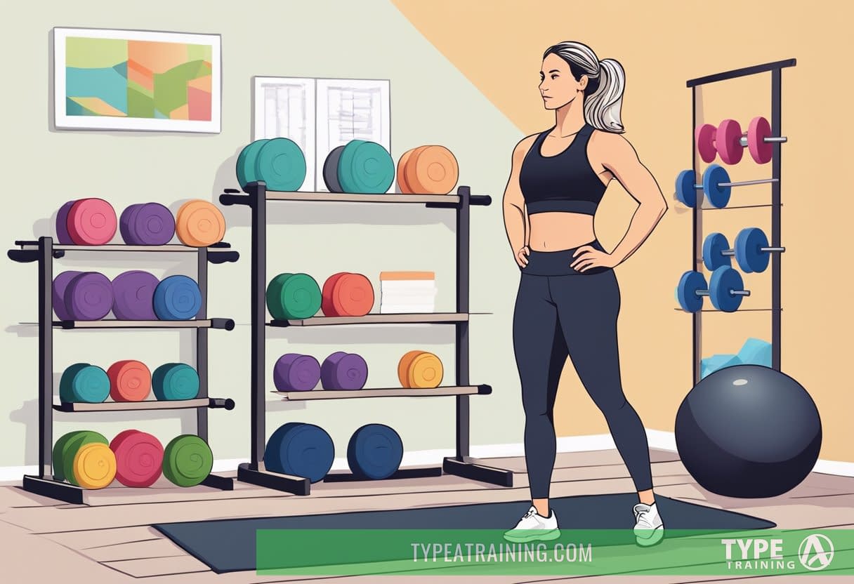 A woman in workout attire stands in front of a rack of dumbbells, with a yoga mat and exercise ball nearby. She is surrounded by motivational posters and fitness equipment